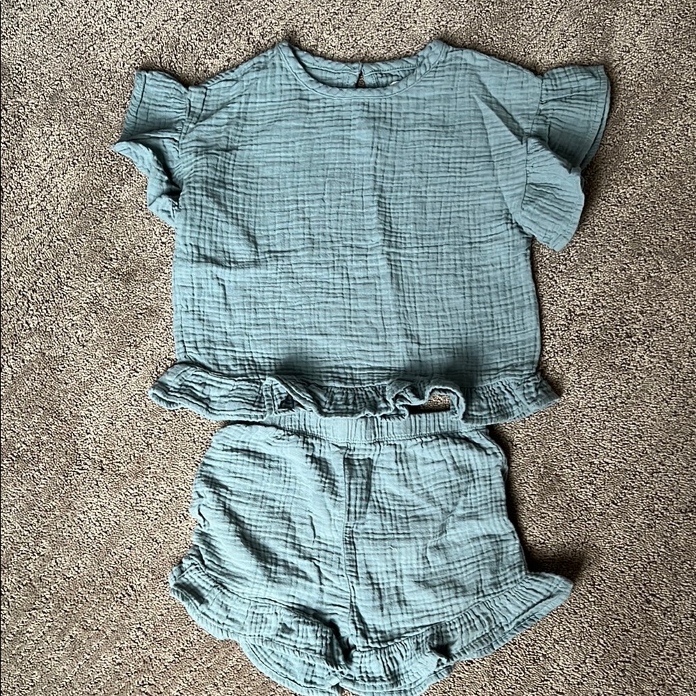 Green Ruffle Sleeve Top and Shorts Set
